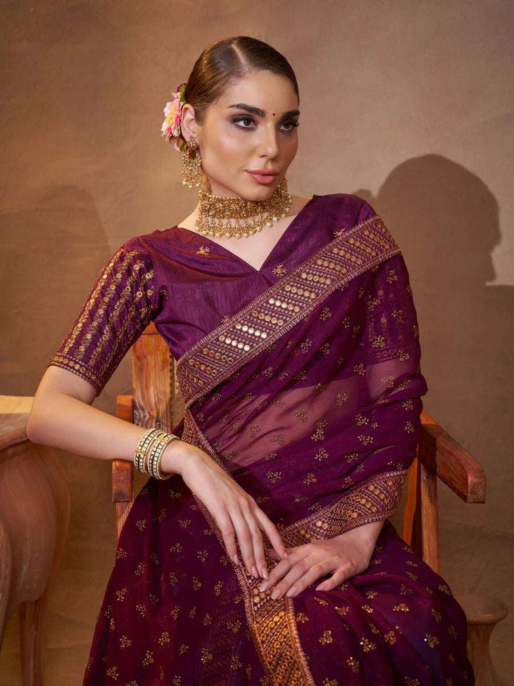 Exquisite Wine Saree | Chiffon & Art Silk  Designer Embroidery Work