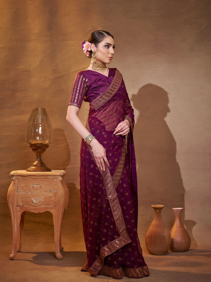Exquisite Wine Saree | Chiffon & Art Silk  Designer Embroidery Work