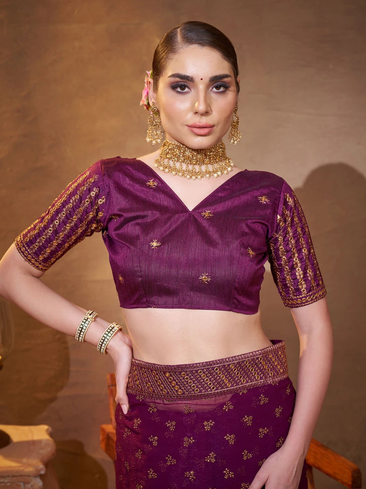 Exquisite Wine Saree | Chiffon & Art Silk  Designer Embroidery Work