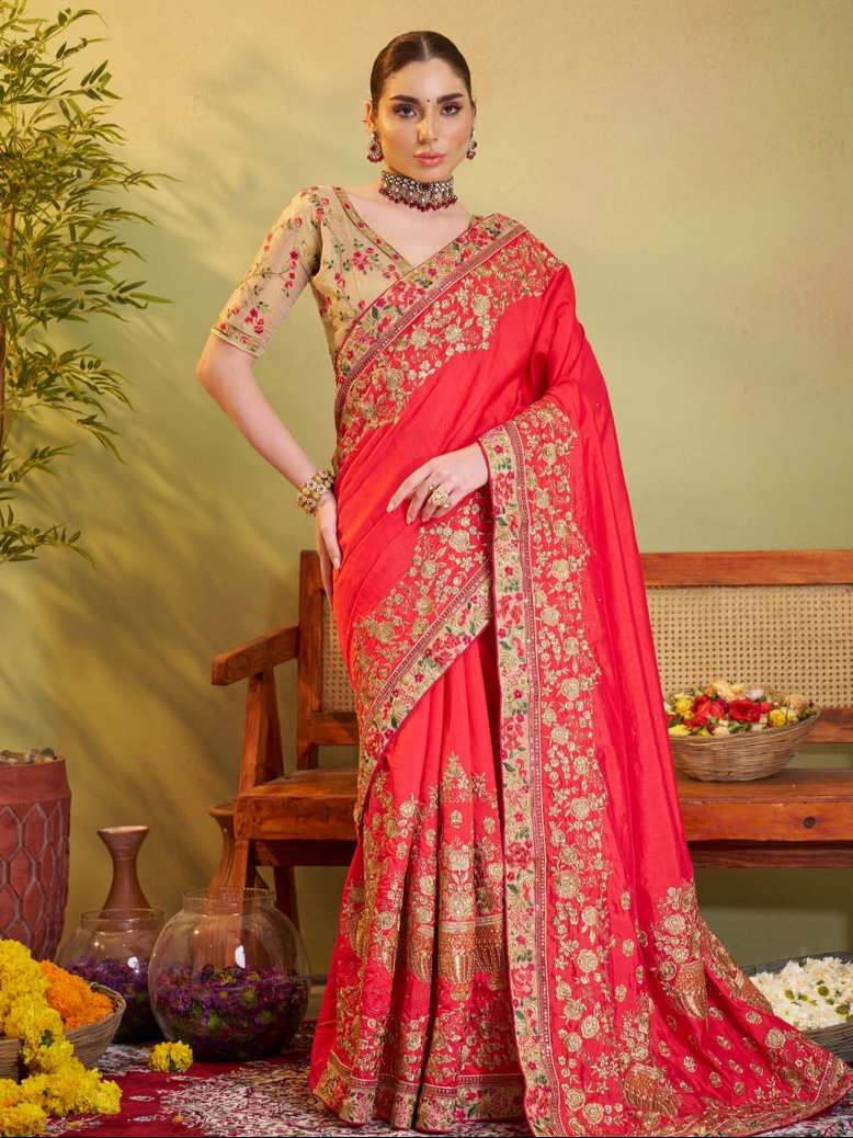 Rust Satin Silk Saree | Stunning Embroidery  Festive Look
