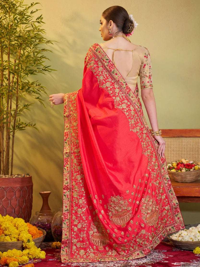 Rust Satin Silk Saree | Stunning Embroidery  Festive Look