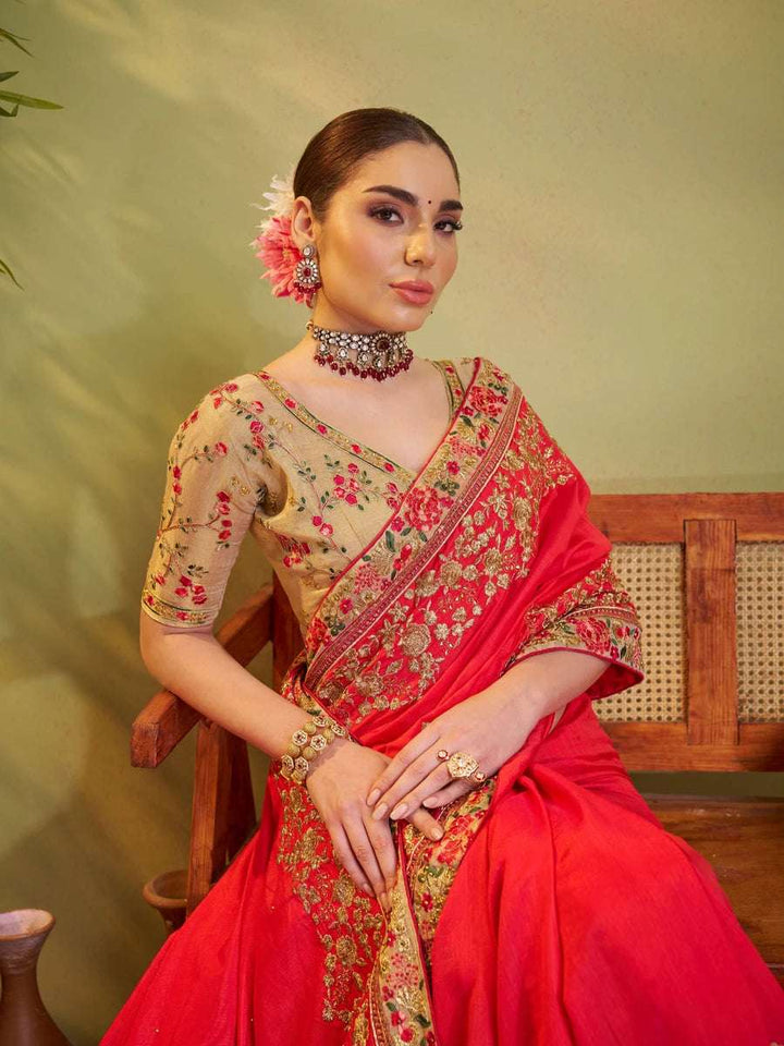 Rust Satin Silk Saree | Stunning Embroidery  Festive Look