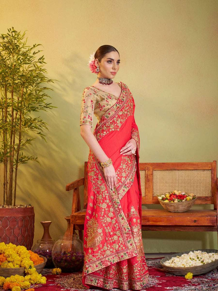 Rust Satin Silk Saree | Stunning Embroidery  Festive Look