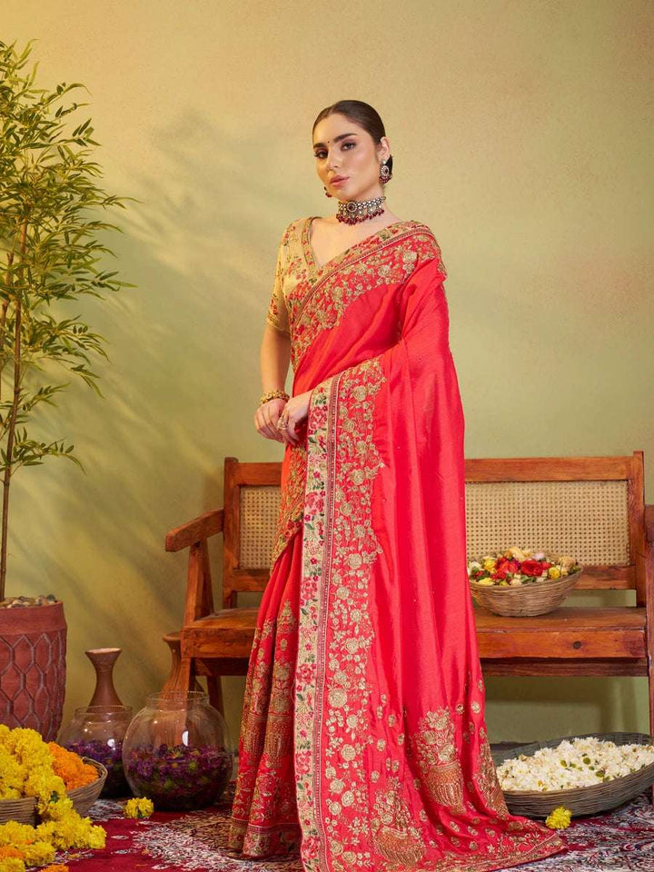 Rust Satin Silk Saree | Stunning Embroidery  Festive Look