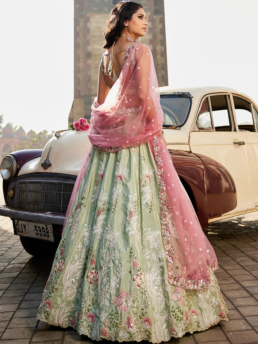 Stunning Satin Embroidered Lehenga | Net Dupatta for Grand Look