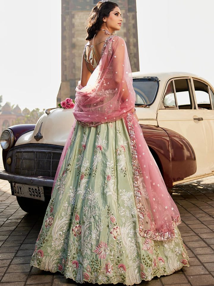 Stunning Satin Embroidered Lehenga | Net Dupatta for Grand Look