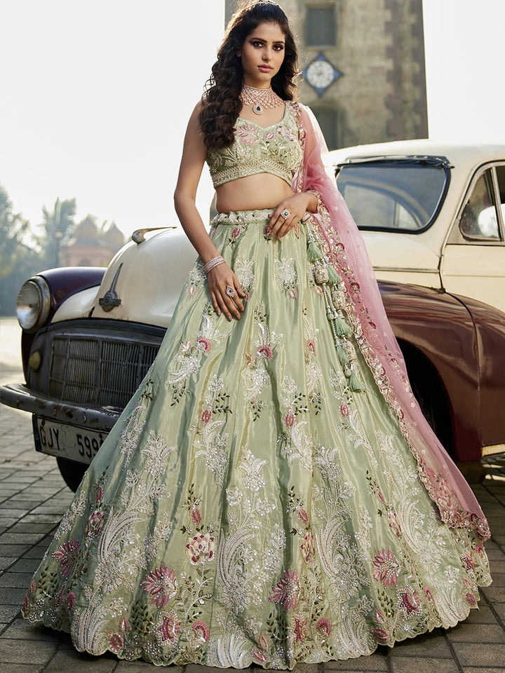 Stunning Satin Embroidered Lehenga | Net Dupatta for Grand Look