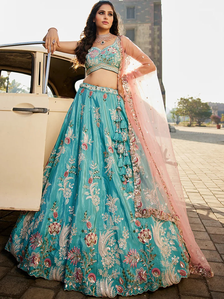 Stunning Satin Embroidered Lehenga | Net Dupatta for Grand Look