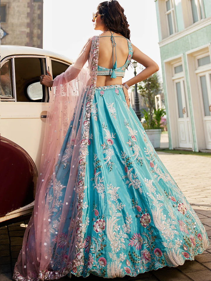 Stunning Satin Embroidered Lehenga | Net Dupatta for Grand Look