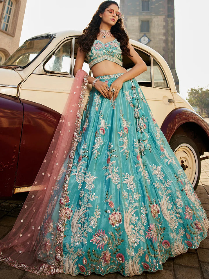 Stunning Satin Embroidered Lehenga | Net Dupatta for Grand Look