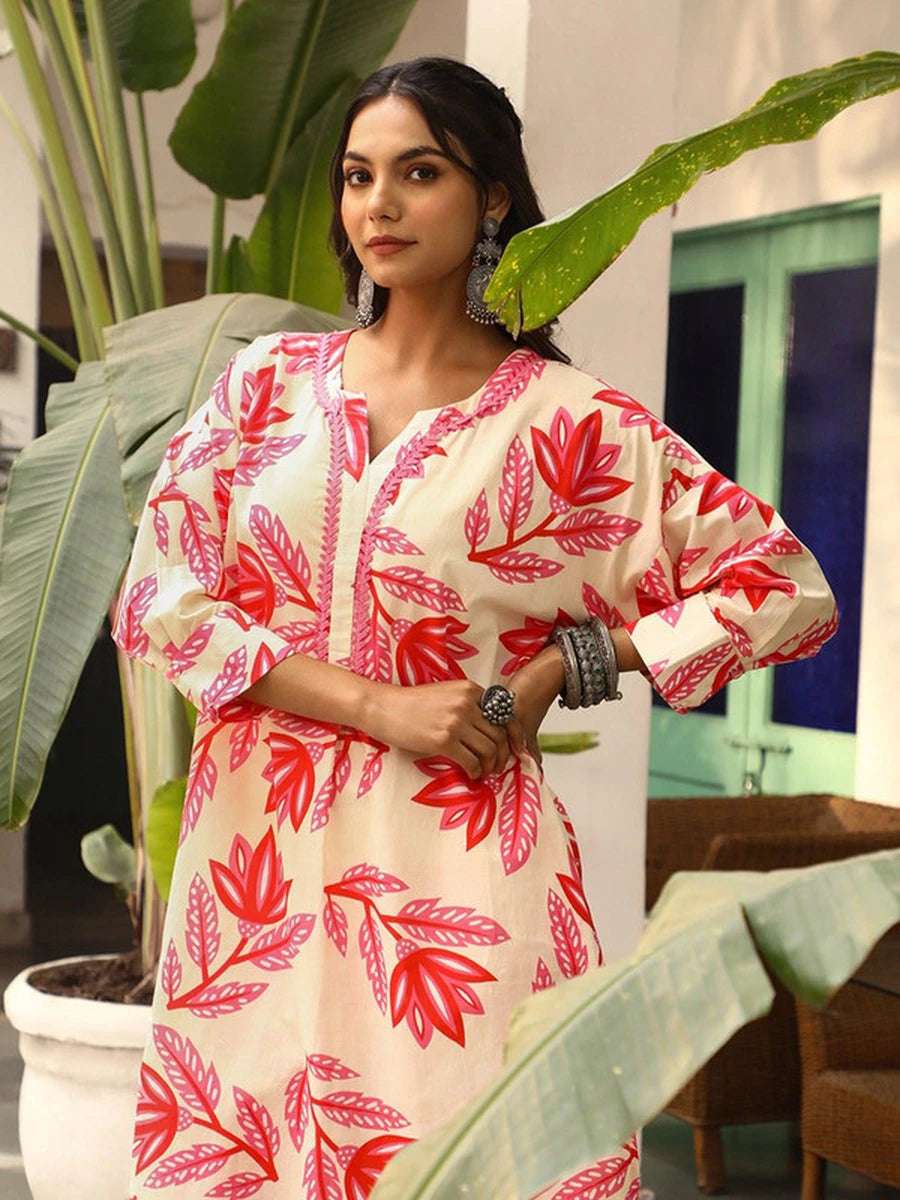 Beige Cotton Blend Kurti | Chic Designer Printed Ethnic Style