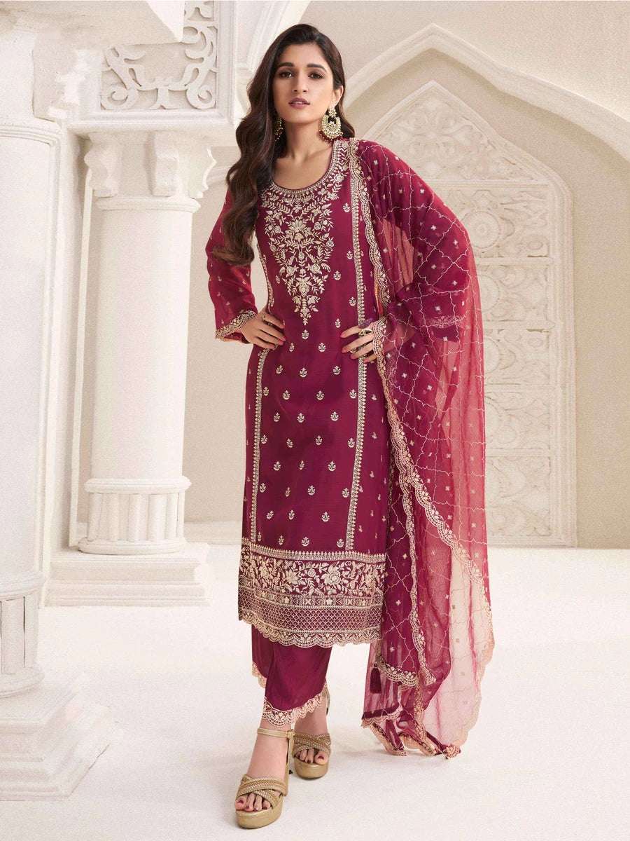 Party Wear Maroon Chiffon Kameez | Stylish Embroidery Suit Set