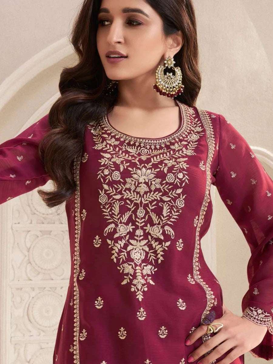 Party Wear Maroon Chiffon Kameez | Stylish Embroidery Suit Set