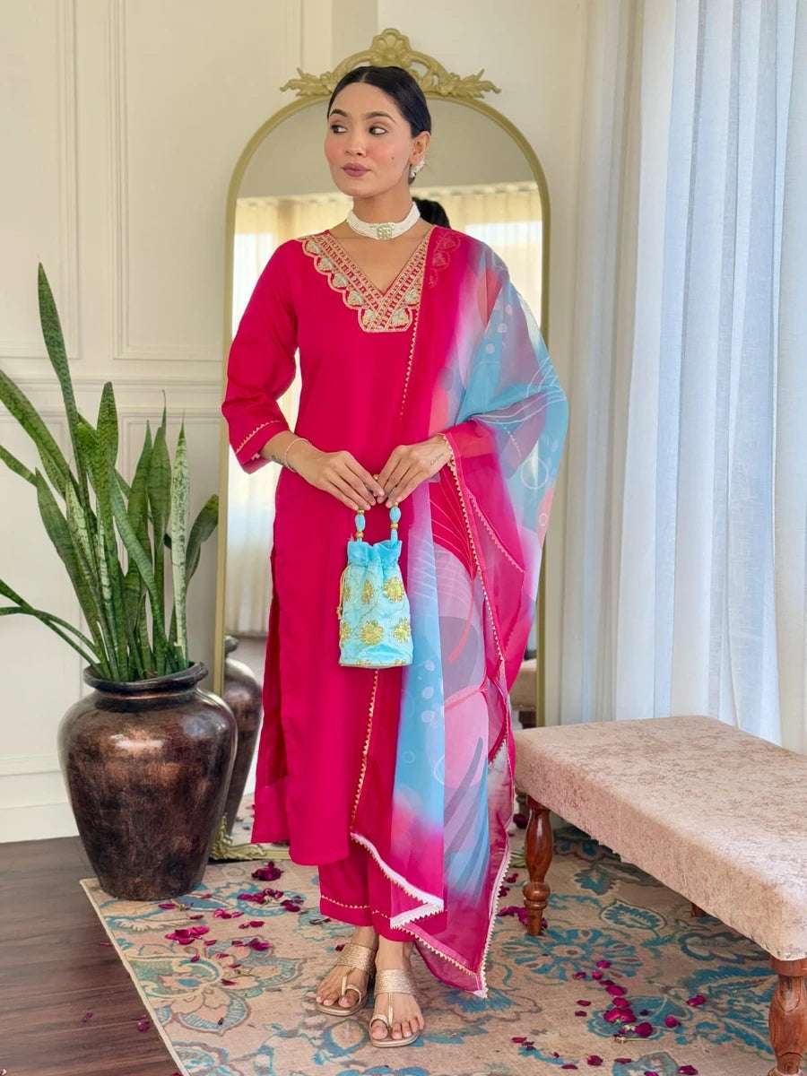 Elegant Rani Pink Suit | Rayon Slub with Tabby Silk Dupatta