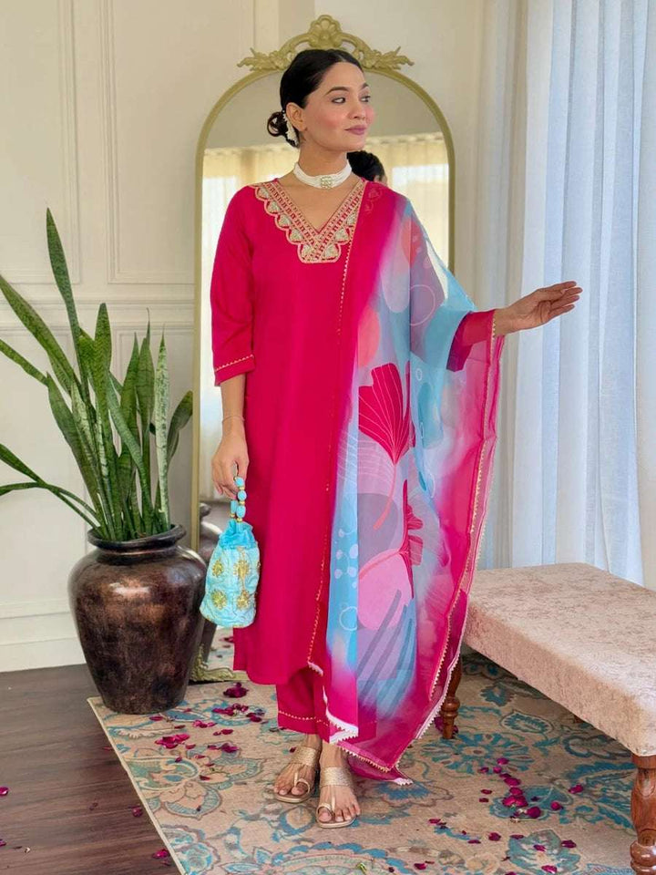 Elegant Rani Pink Suit | Rayon Slub with Tabby Silk Dupatta