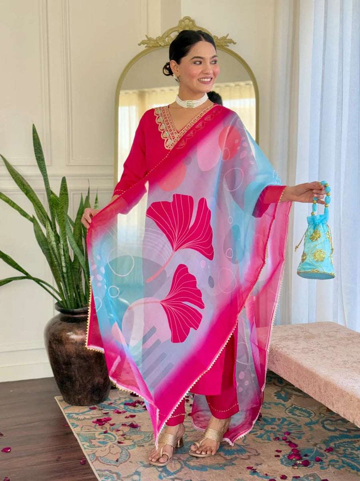 Elegant Rani Pink Suit | Rayon Slub with Tabby Silk Dupatta