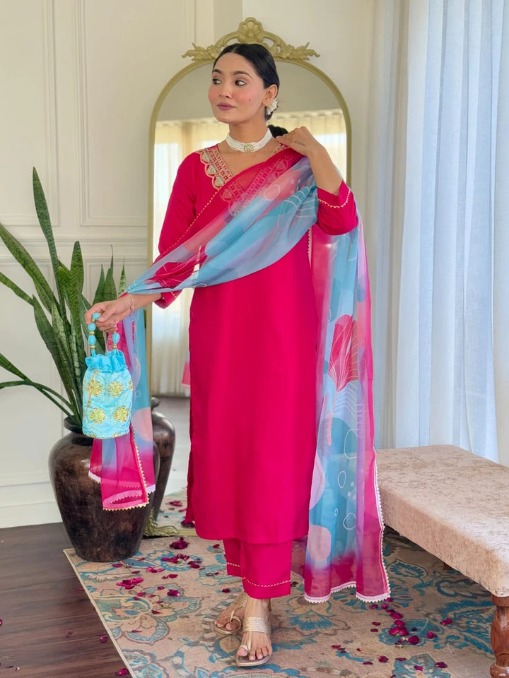 Elegant Rani Pink Suit | Rayon Slub with Tabby Silk Dupatta