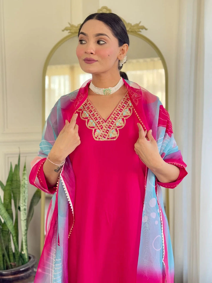 Elegant Rani Pink Suit | Rayon Slub with Tabby Silk Dupatta