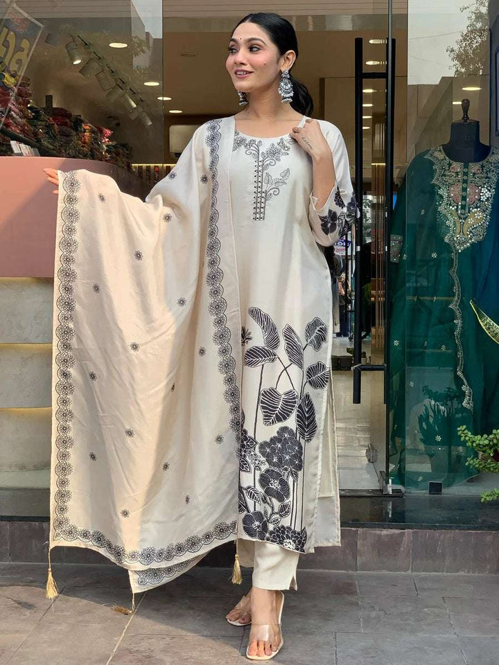 Premium Off-White Salwar Suit | Chinon & Viscose Gadhwal with Dupatta