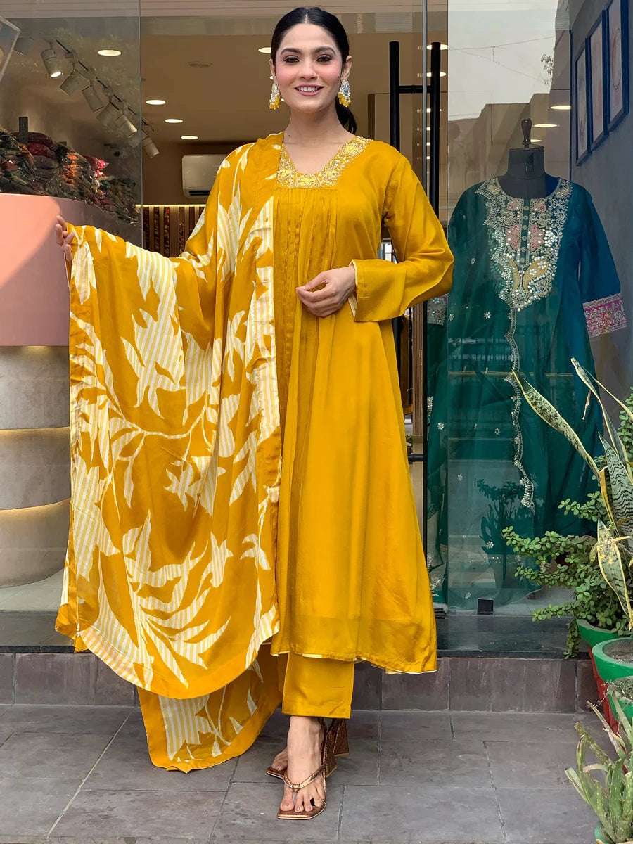 Stunning Mustard Designer Suit | Chinon Silk & Chanderi Bottom