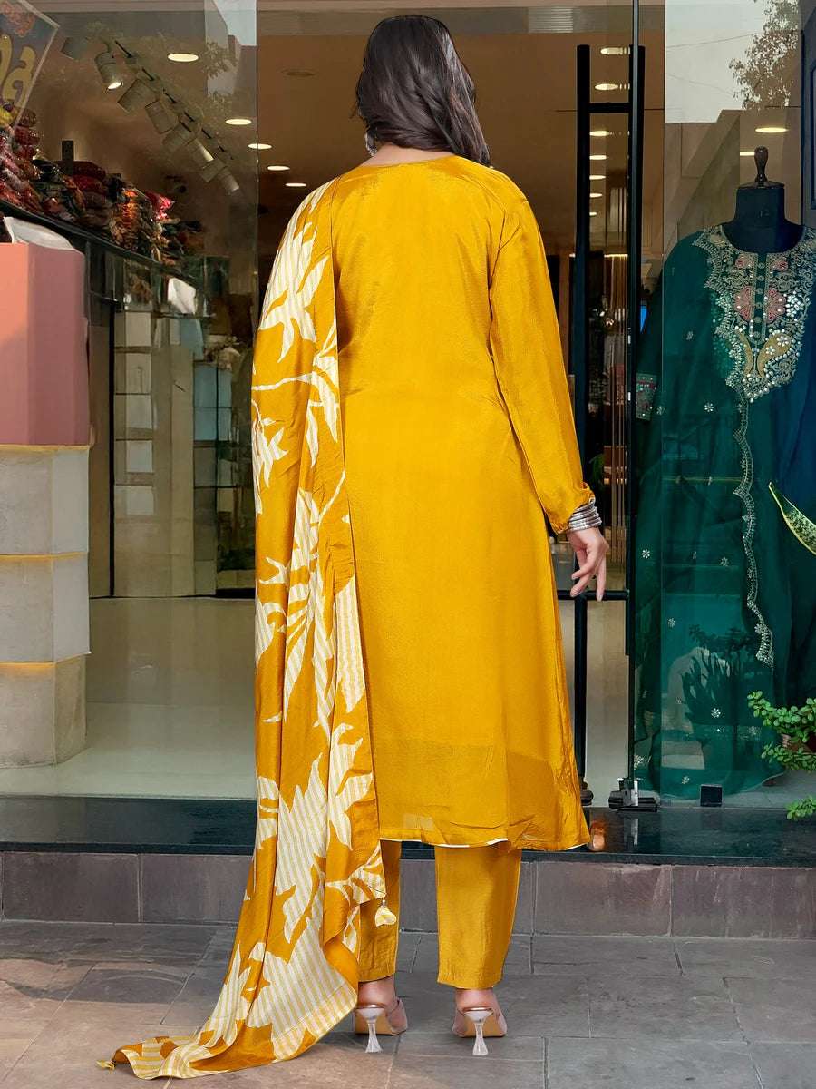 Stunning Mustard Designer Suit | Chinon Silk & Chanderi Bottom