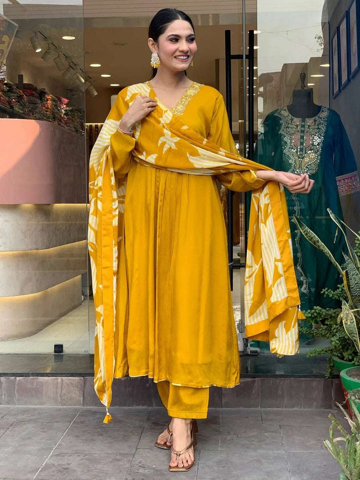 Stunning Mustard Designer Suit | Chinon Silk & Chanderi Bottom