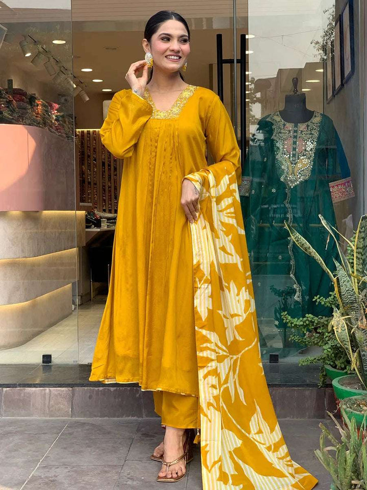 Stunning Mustard Designer Suit | Chinon Silk & Chanderi Bottom
