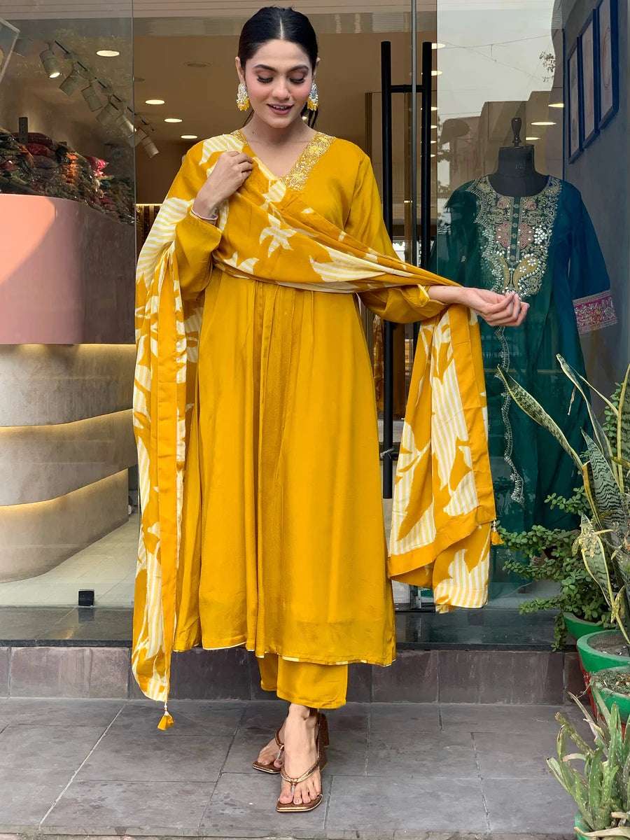 Stunning Mustard Designer Suit | Chinon Silk & Chanderi Bottom