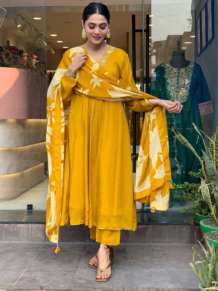 Stunning Mustard Designer Suit | Chinon Silk & Chanderi Bottom