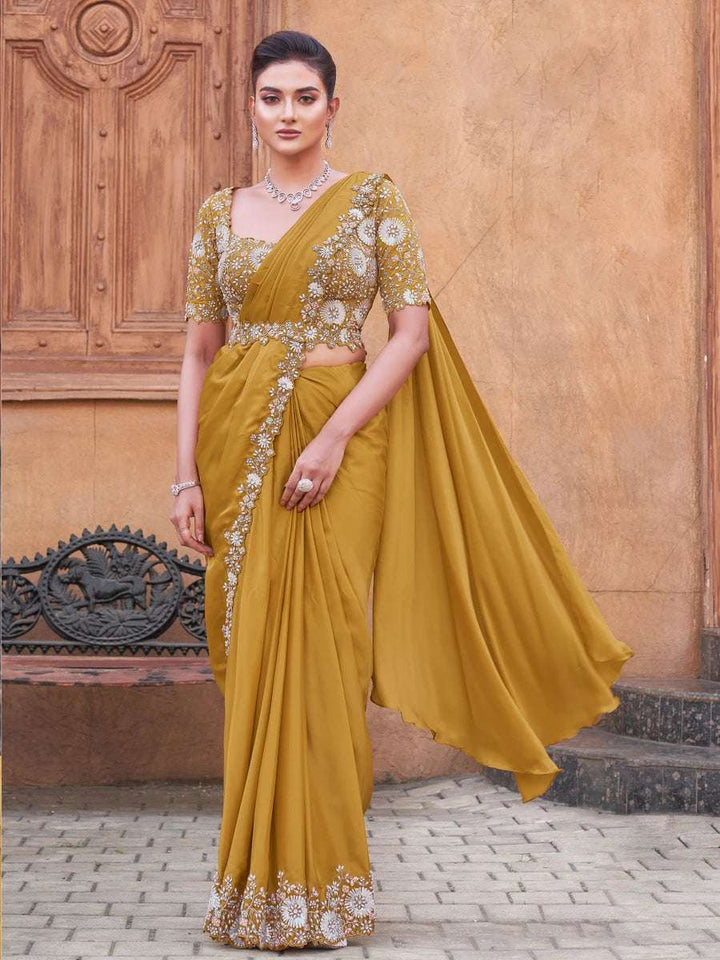 Sophisticated Designer Mustard Silk Saree | Crepe Satin with Handcrafted Pearls