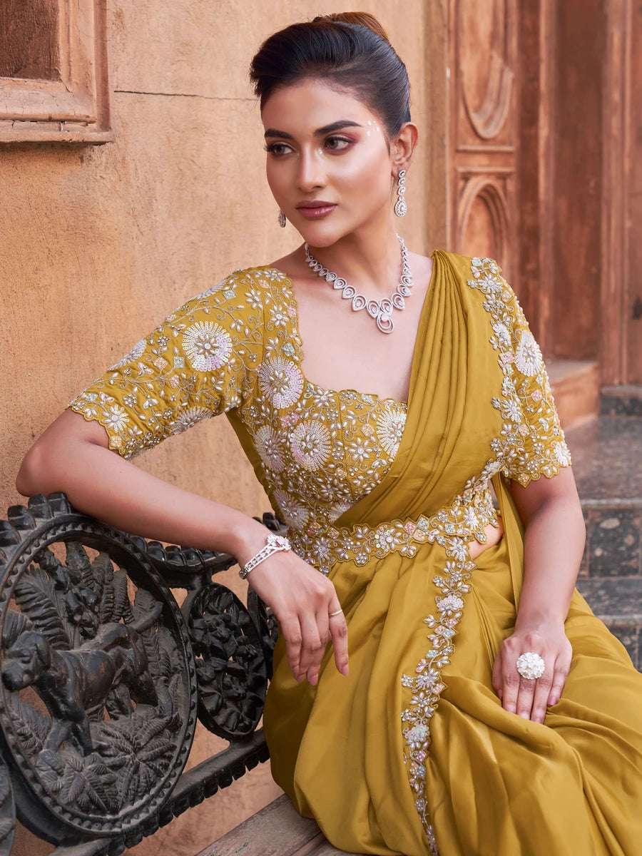 Sophisticated Designer Mustard Silk Saree | Crepe Satin with Handcrafted Pearls