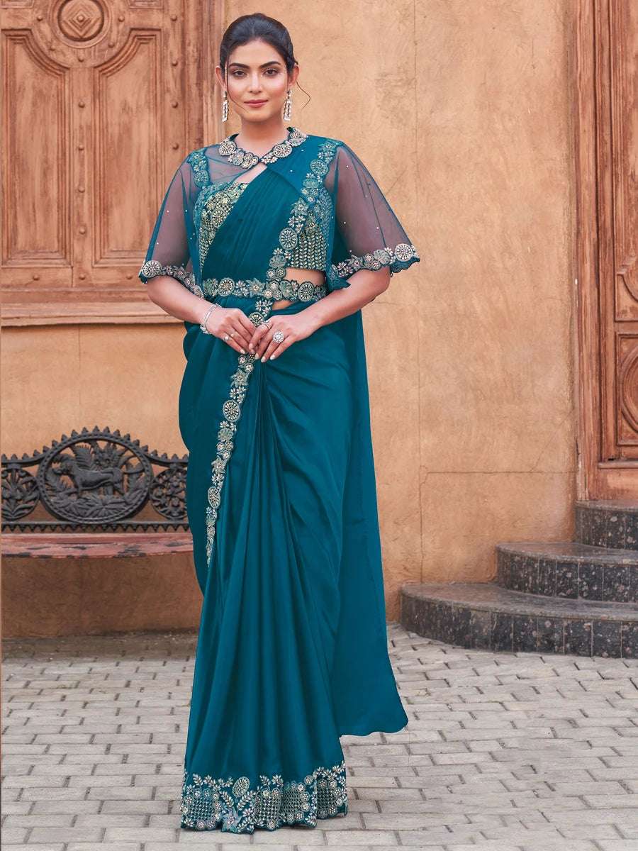 Glamorous Teal Blue Saree | Dual Sequins Embroidery & Handcrafted