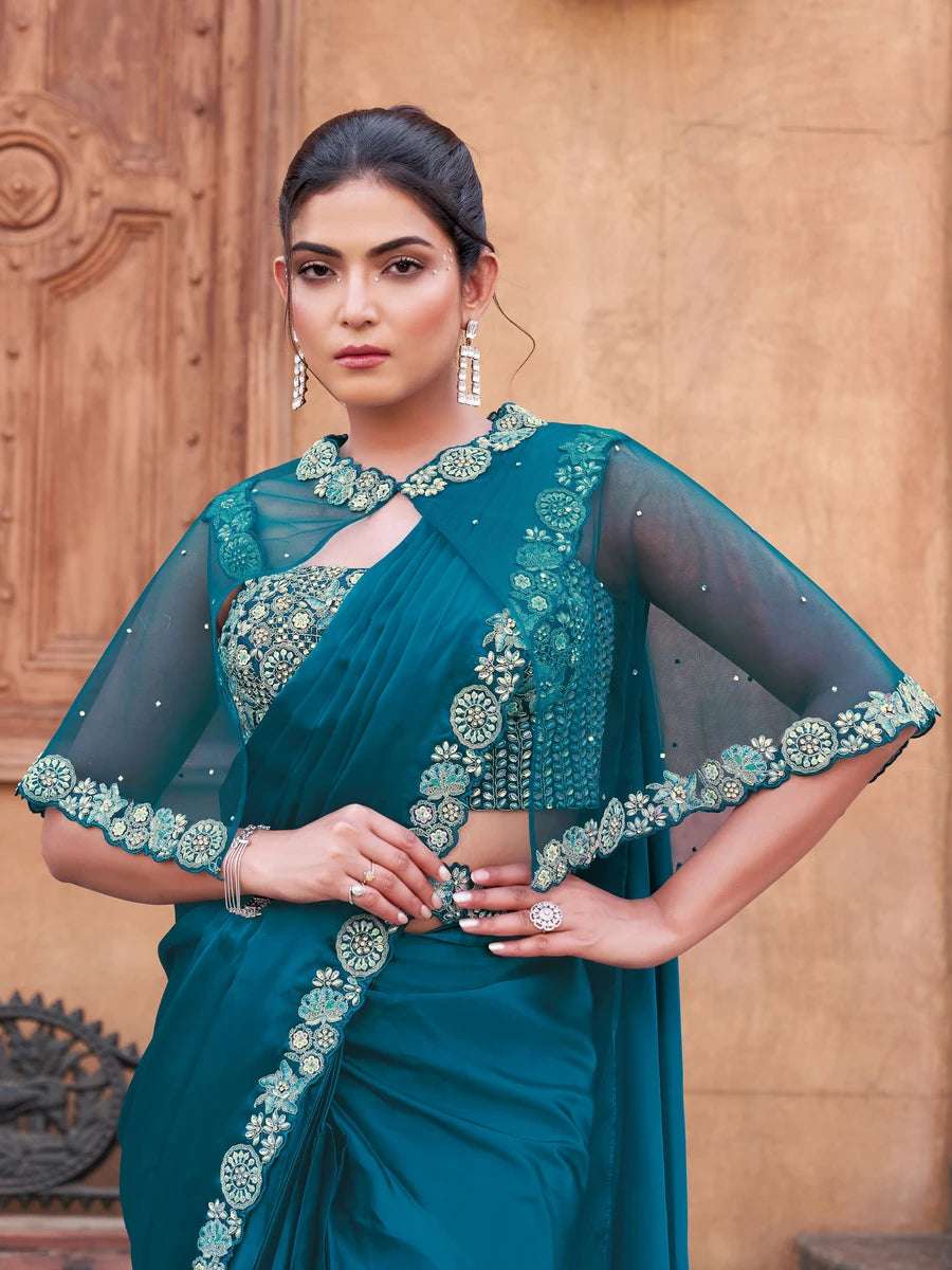 Glamorous Teal Blue Saree | Dual Sequins Embroidery & Handcrafted