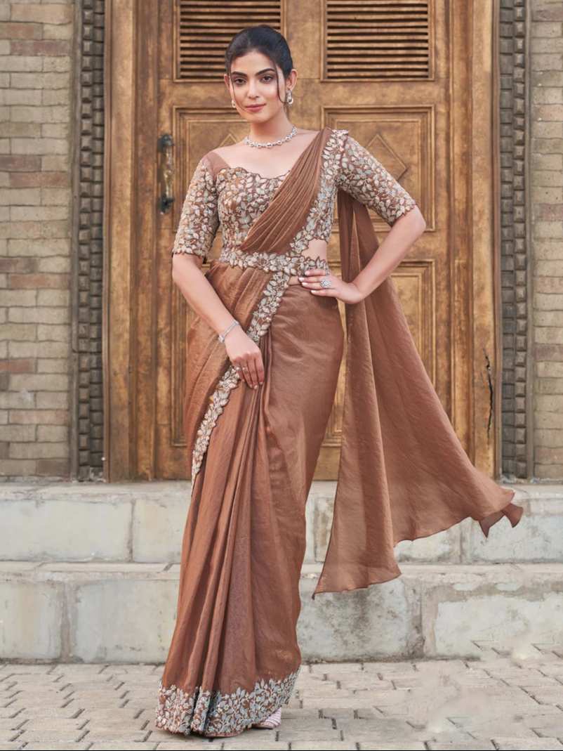 Luxurious Brown Satin Silk Saree | Dual Sequins & Pearl Embroidery