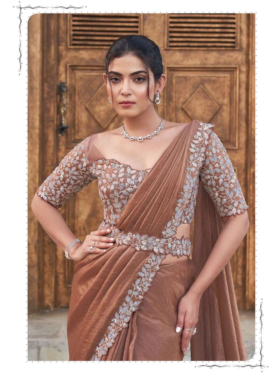 Luxurious Brown Satin Silk Saree | Dual Sequins & Pearl Embroidery