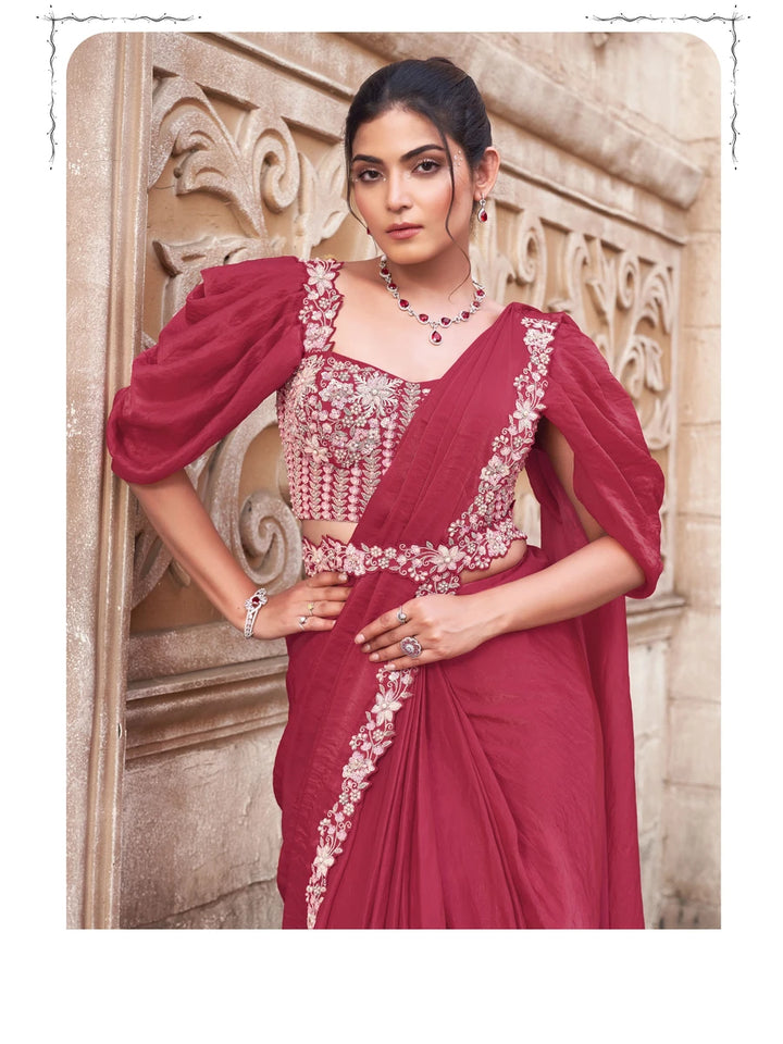 Elegant Gajari Saree | Two Tone Satin Silk with Handcrafted Work
