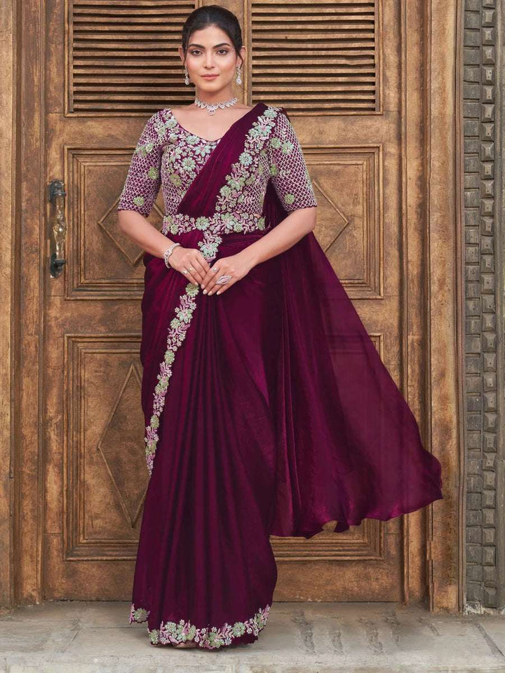 Stylish Wedding Special Wine Saree | Two Tone Silk & Embellished Work