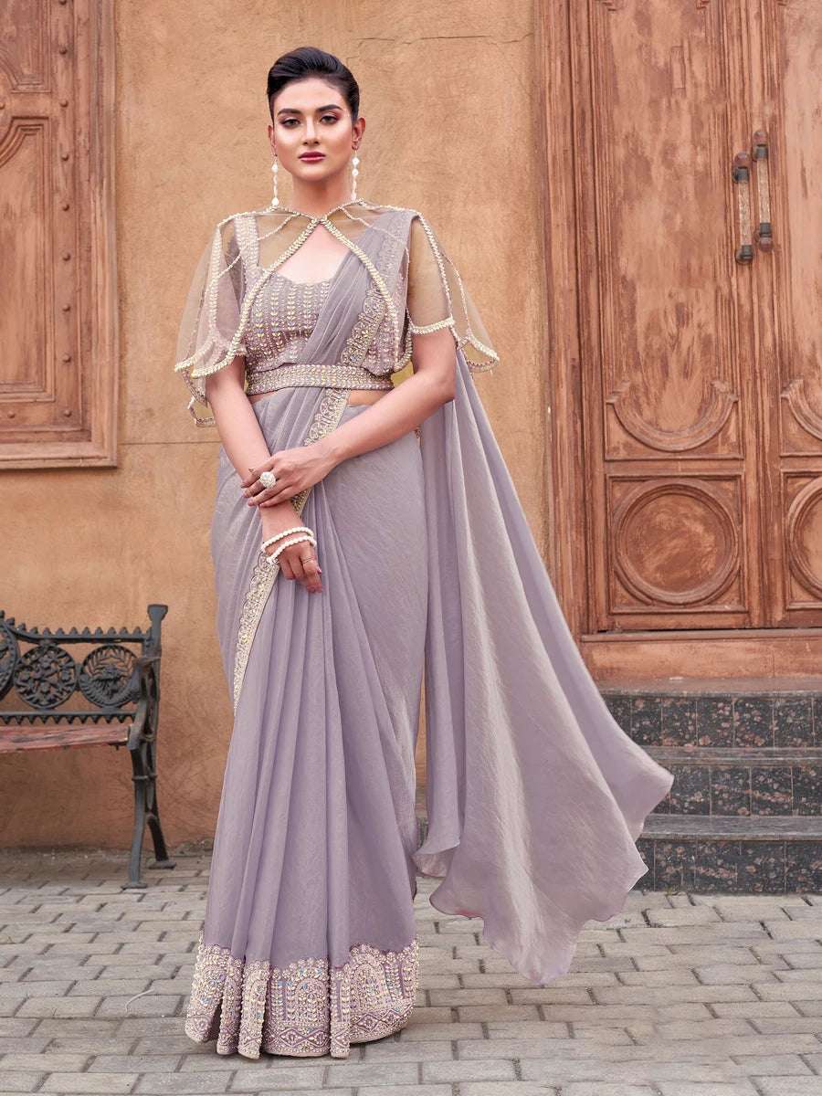 Premium Lavender Satin Saree | Luxurious Pearl & Sequin Embroidery