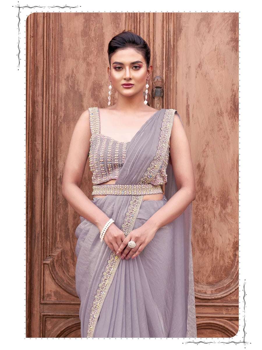 Premium Lavender Satin Saree | Luxurious Pearl & Sequin Embroidery
