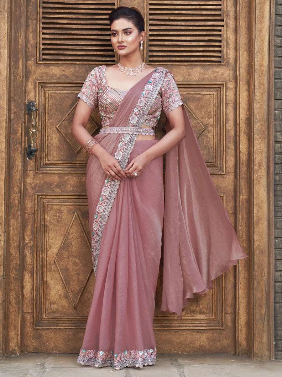 Trendy Light Peach Satin Silk Saree | Perfect for Special Occasions
