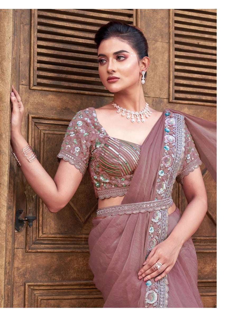 Trendy Light Peach Satin Silk Saree | Perfect for Special Occasions