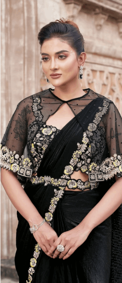 Timeless Black Two Tone Satin Silk Saree | Embellished Pearl & Sequin Work