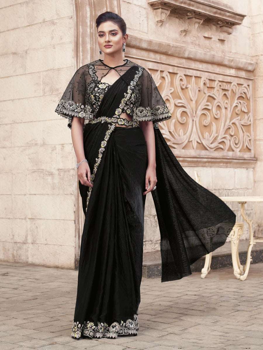 Timeless Black Two Tone Satin Silk Saree | Embellished Pearl & Sequin Work