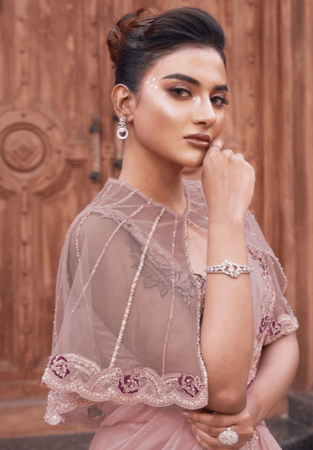 Wedding Wear Dusty Pink Saree | Pearl Adorned Satin Silk Drape