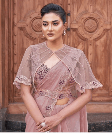 Wedding Wear Dusty Pink Saree | Pearl Adorned Satin Silk Drape