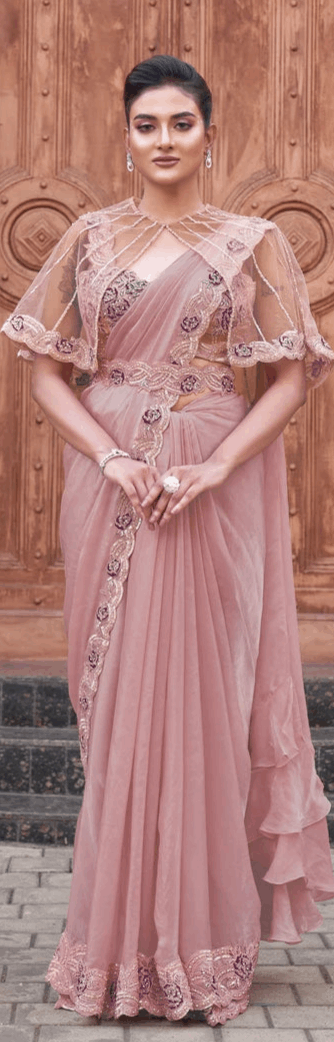 Wedding Wear Dusty Pink Saree | Pearl Adorned Satin Silk Drape