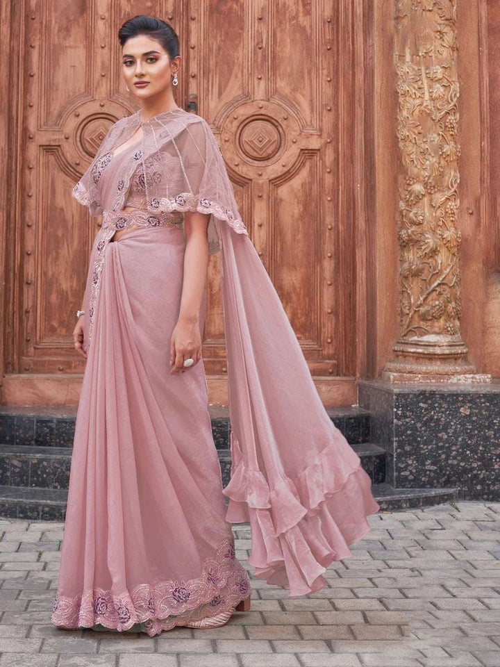 Wedding Wear Dusty Pink Saree | Pearl Adorned Satin Silk Drape