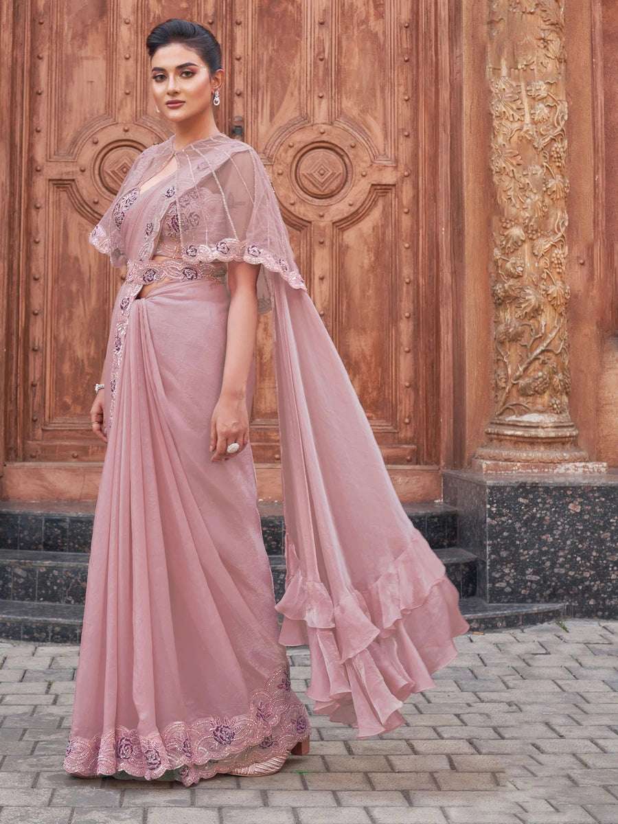 Wedding Wear Dusty Pink Saree | Pearl Adorned Satin Silk Drape