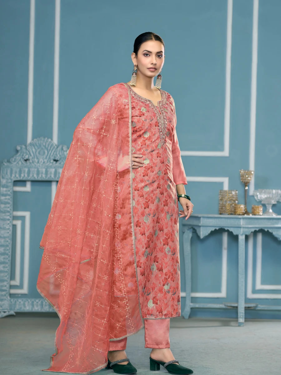Designer Printed Organza Suit | Embroidered & Hand Work