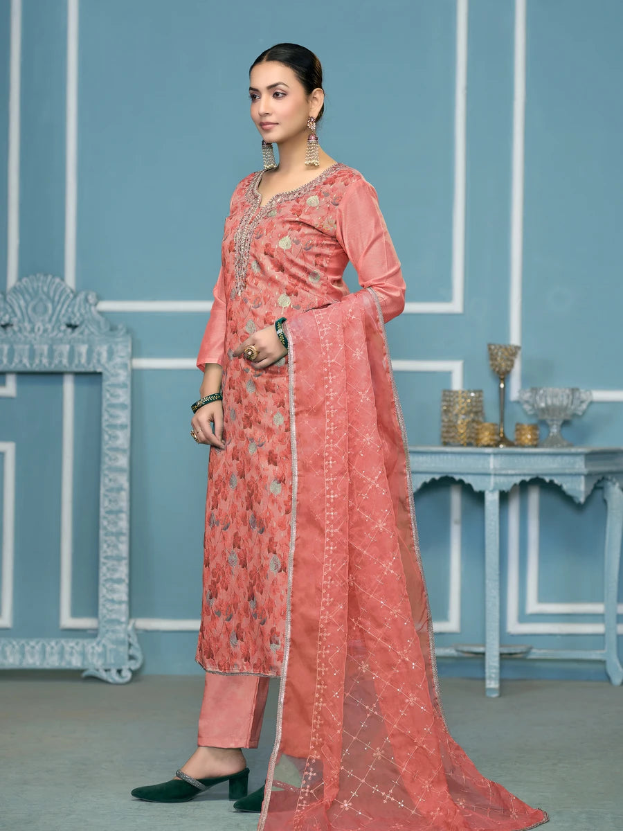 Designer Printed Organza Suit | Embroidered & Hand Work